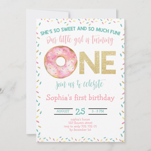 Invitation Aquarelle de fille de Donut rose 1er anniversaire (Devant)