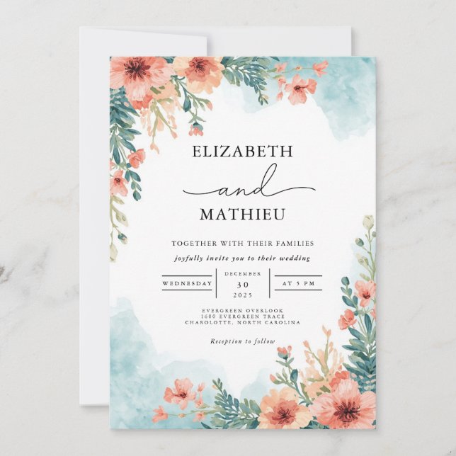 Invitation Aquarelle de fleurs de corail Mariage (Devant)