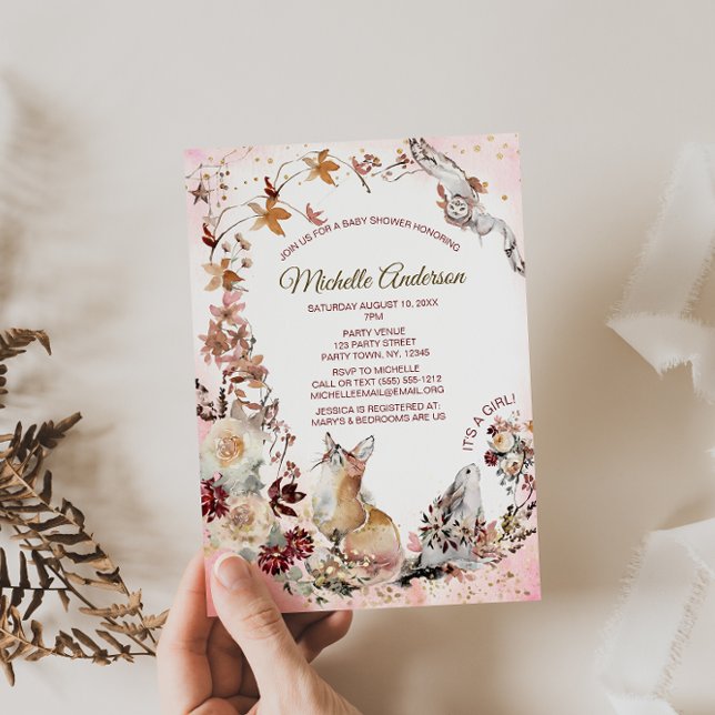 Invitation Aquarelle de forêt de bois Baby shower de filles f (Créateur téléchargé)