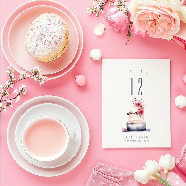 Invitation Aquarelle de gâteau mariage Tableau Numéro de sièg (Watercolor Wedding Cake Table Number card.)