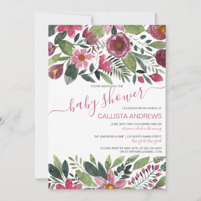 Invitation Aquarelle de la forêt rose de Mauve Baby shower fl (Devant)