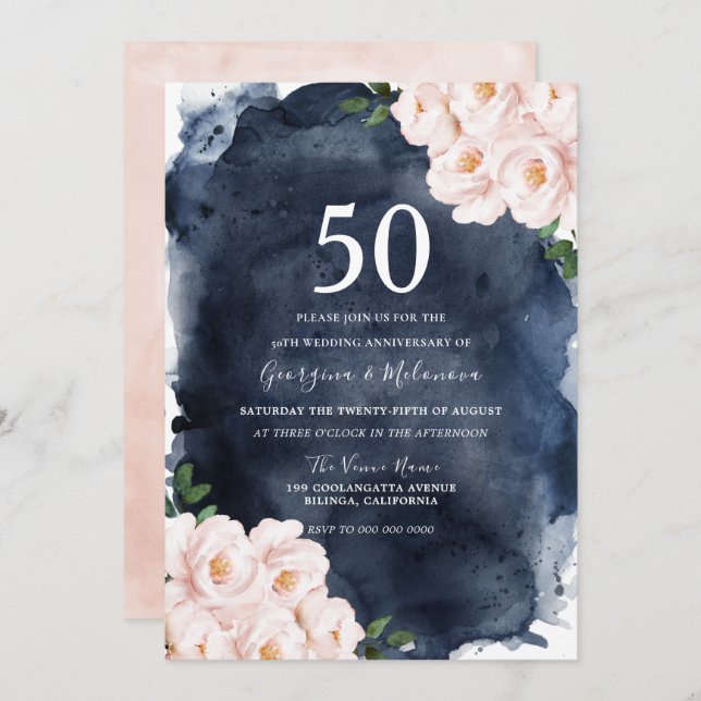 Invitation Aquarelle de la marine Blush Floral 50e anniversai (Devant / Derrière)