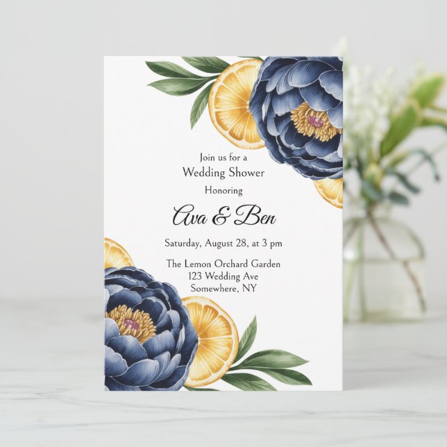Invitation Aquarelle de la marine Peony Citrus Mariage floral (Debout devant)