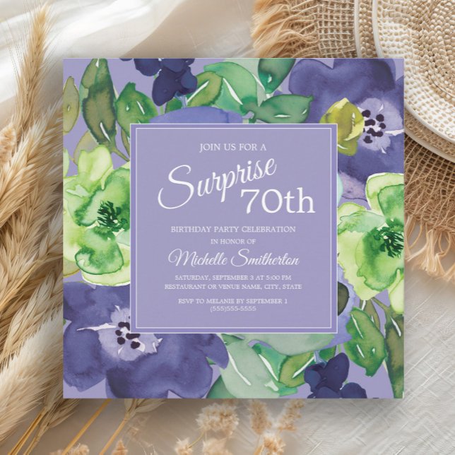 Invitation Aquarelle de la marine verte violette Floral 70e a (Blue watercolor floral and green leaves women's 70th birthday party invitation)