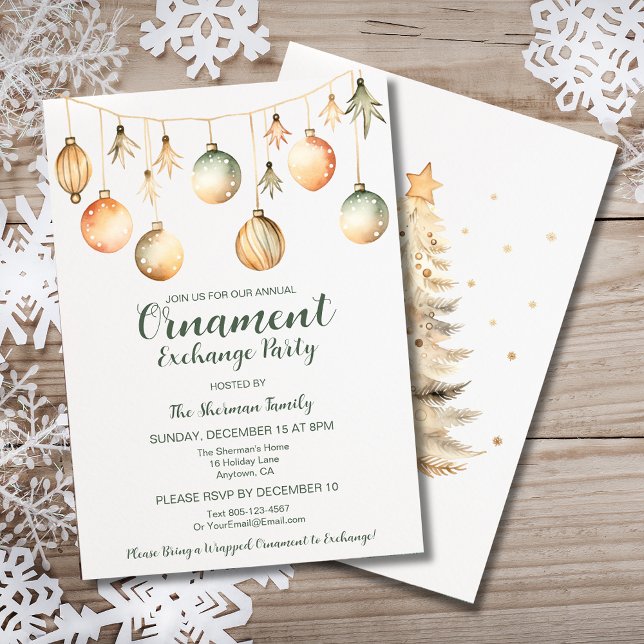 Invitation Aquarelle de la partie d'échange d'ornement or ver (Custom Ornament Exchange Party Invitation in Gold and Green with Cottagecore style.)