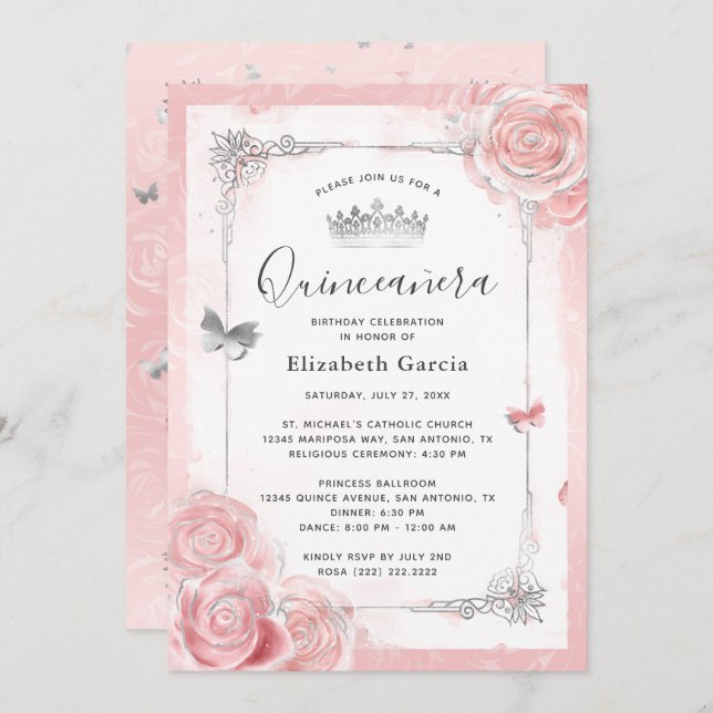 Invitation Aquarelle de la Quinceanera aux roses roses blanch (Devant / Derrière)