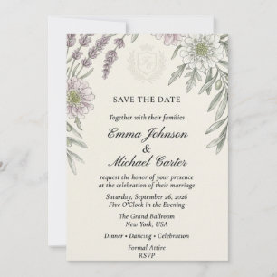 Invitation Aquarelle de lavande, branche d'olivier et scabieu