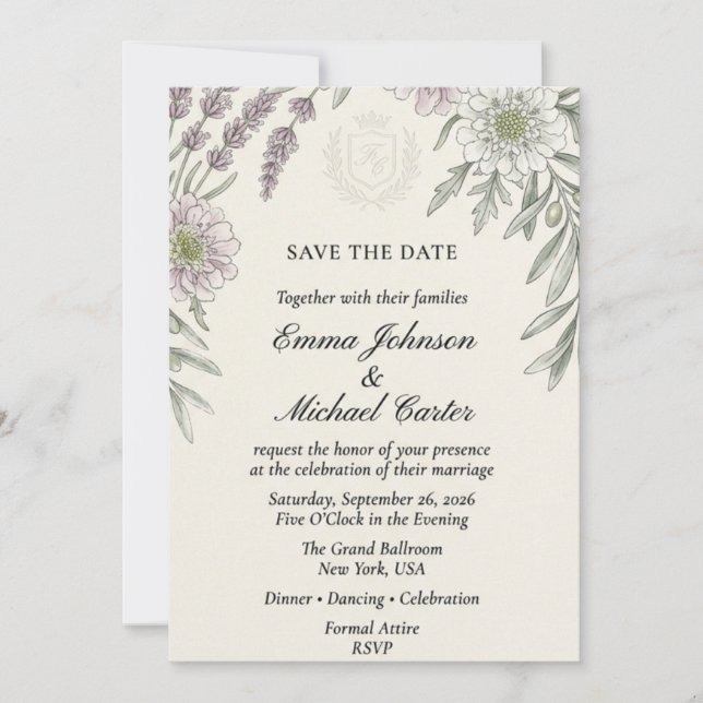 Invitation Aquarelle de lavande, branche d'olivier et scabieu (Devant)
