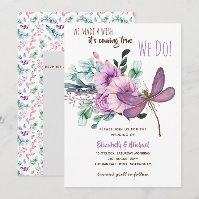Invitation Aquarelle de libellule pourpre Budget Mariage flor (Devant / Derrière)