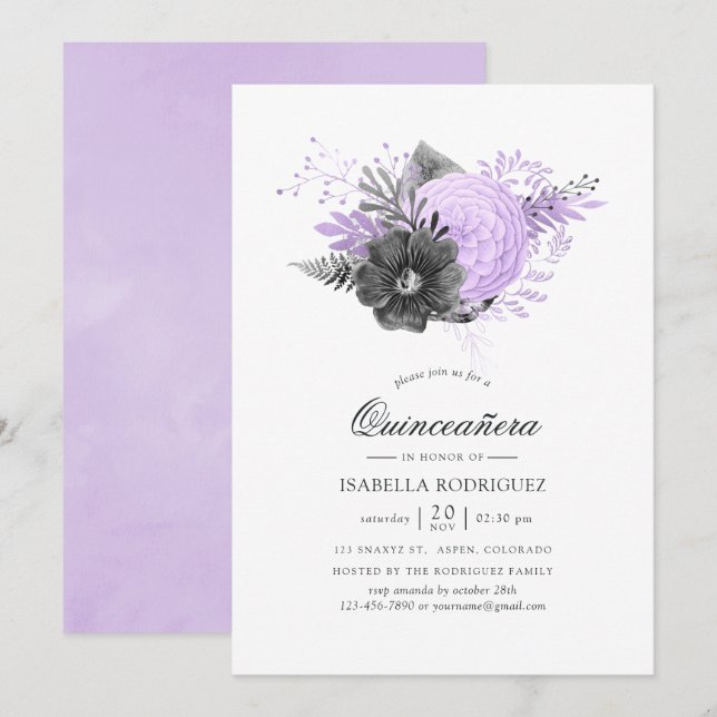 Invitation Aquarelle de Lilac et de Charbon Floral Quinceañer (Devant / Derrière)