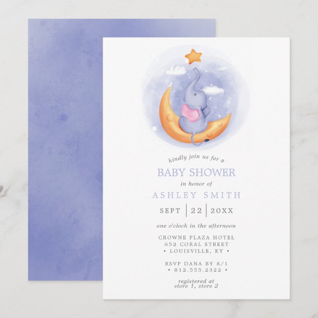 Invitation Aquarelle de lune éléphante Baby shower lunaire (Devant / Derrière)