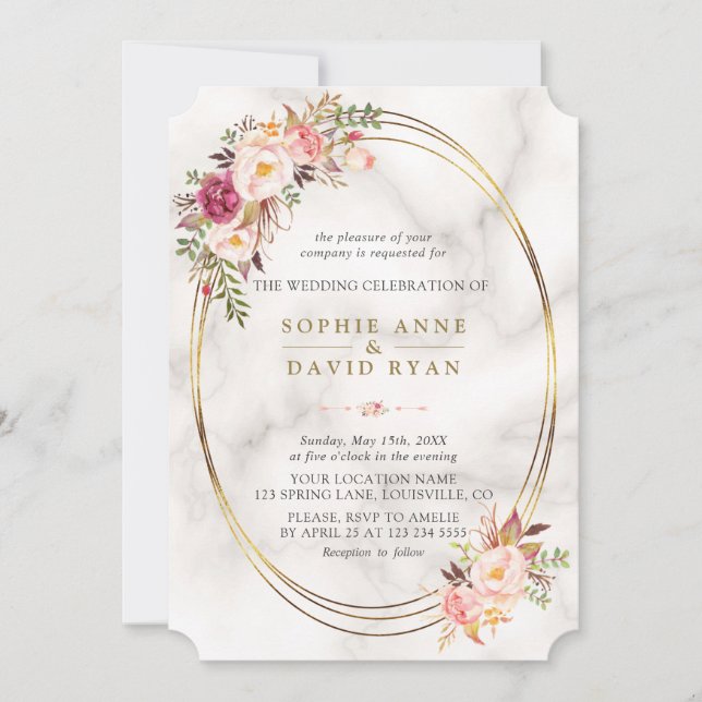 Invitation Aquarelle de luxe Fleurs roses Mariage en marbre (Devant)