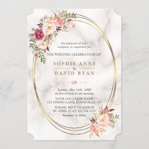 Invitation Aquarelle de luxe Fleurs roses Mariage en marbre