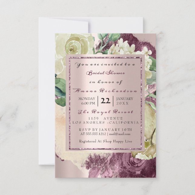 Invitation Aquarelle de mariage Marsala blanc floral rose or (Devant)