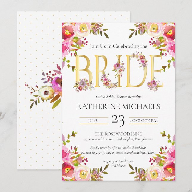 Invitation Aquarelle de mariée fleurit Fête des mariées flora (Devant / Derrière)