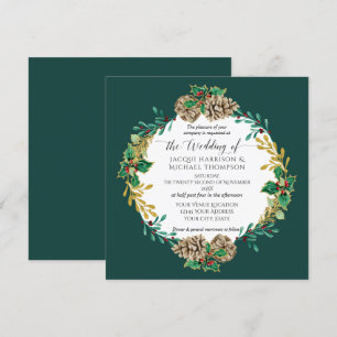 Invitation Aquarelle de Noël Emerald Gold Pine Cone Wreath