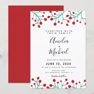 Invitation Aquarelle de Noël Mariage botanique du Berry rouge