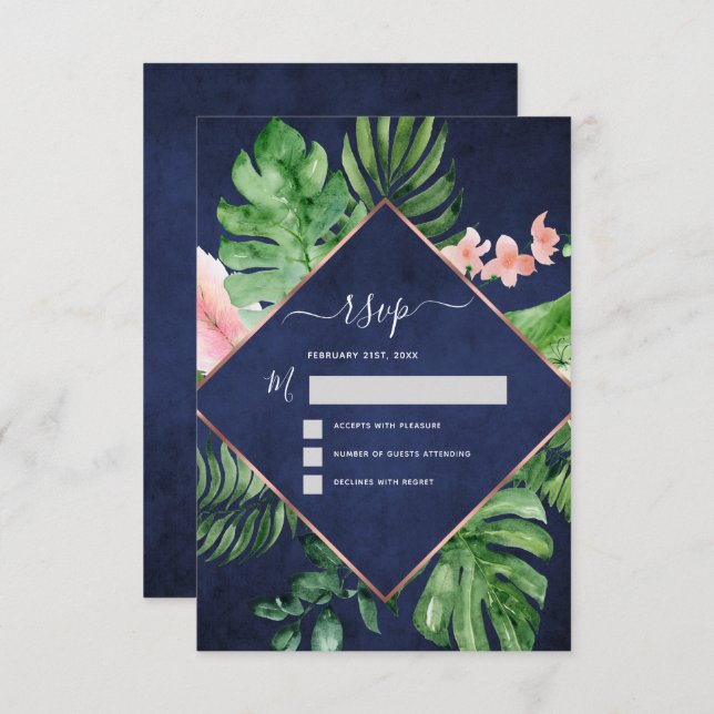 Invitation Aquarelle de palme tropicale Marine Mariage bleu R (Devant / Derrière)