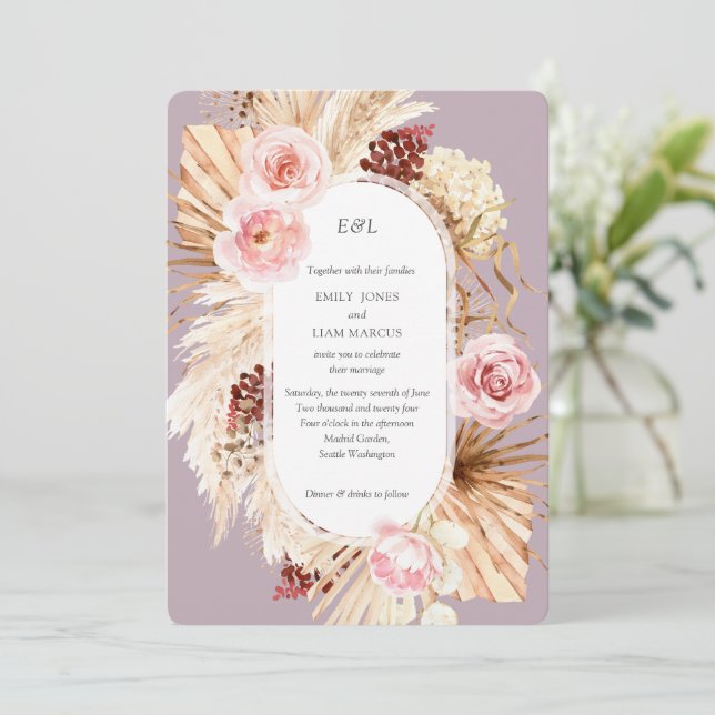 Invitation Aquarelle de Pampas Grass Boho Mauve Floral Mariag (Debout devant)