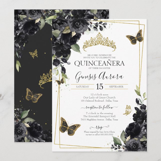 Invitation Aquarelle de papillon noir or Quinceanera (Devant / Derrière)