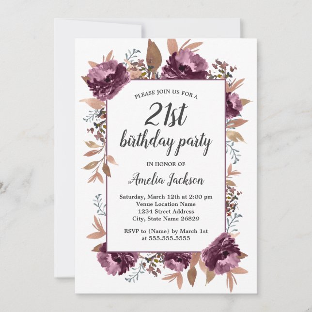 Invitation Aquarelle de pourpre en fleur 21e anniversaire Inv (Devant)