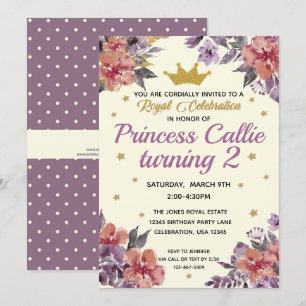 Invitation Aquarelle de princesse florale et paillettes dorée