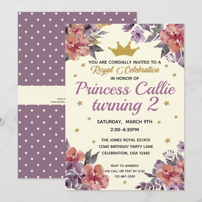 Invitation Aquarelle de princesse florale et paillettes dorée (Devant / Derrière)