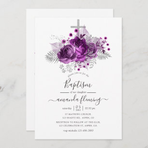 Invitation Aquarelle de prune et d'argent Baptême floral