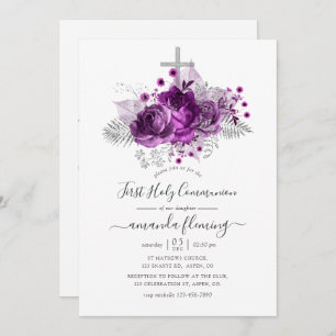 Invitation Aquarelle de prune et d'argent Communion florale