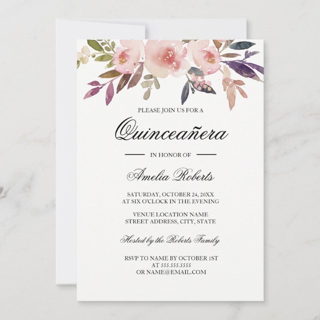 Invitation Aquarelle de Quinceanera Floral rose Marine violet (Devant)