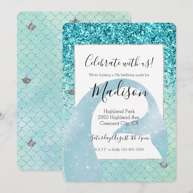 Invitation Aquarelle de sirène Parties scintillant d'eau d'ea (Devant / Derrière)