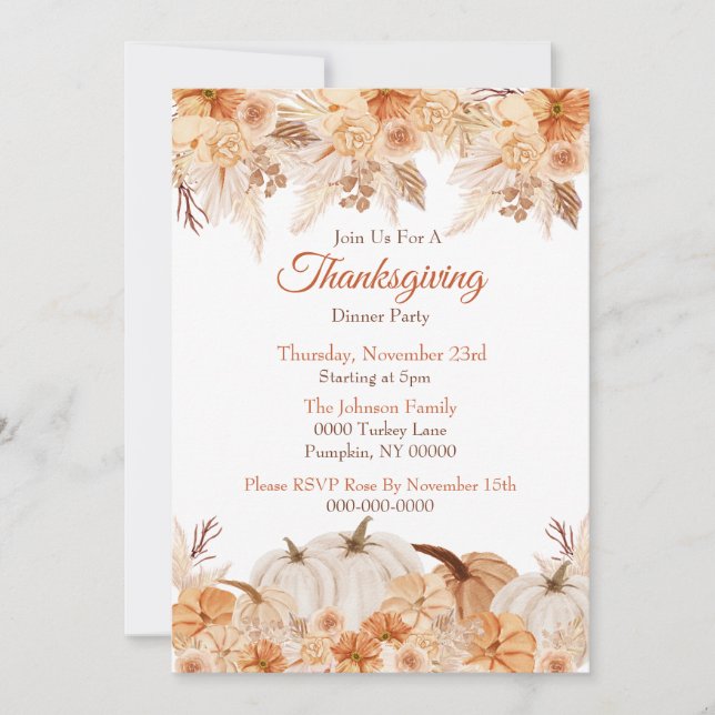 Invitation aquarelle de Thanksgiving avec fleurs e (Devant)