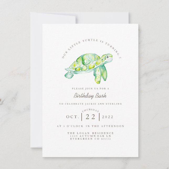 Invitation Aquarelle de tortue | Ocean Life Anniversaire (Devant)