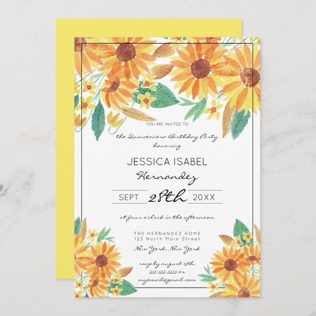 Invitation Aquarelle de tournesol d'été jaune Quinceañera (Devant / Derrière)