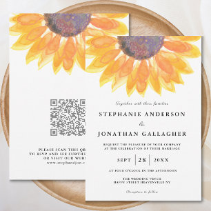 Invitation Aquarelle de tournesol moderne QR Code Mariage