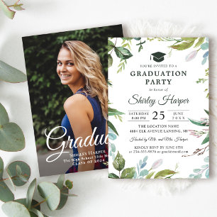 Invitation Aquarelle de verdure Floral Photo Graduation Party
