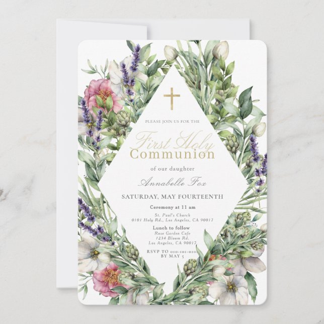 Invitation Aquarelle de verdure florale Première communion sa (Devant)