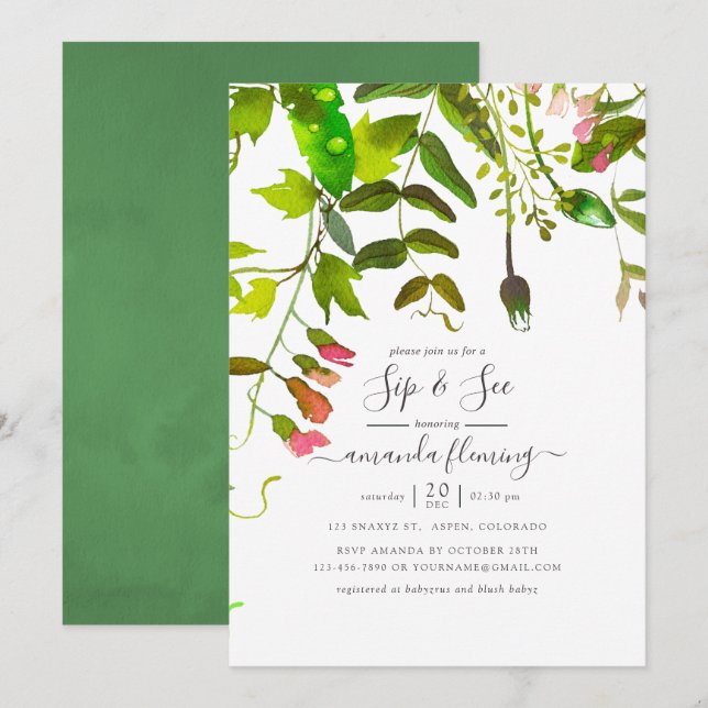 Invitation Aquarelle de verdure printanière Sip and See (Devant / Derrière)