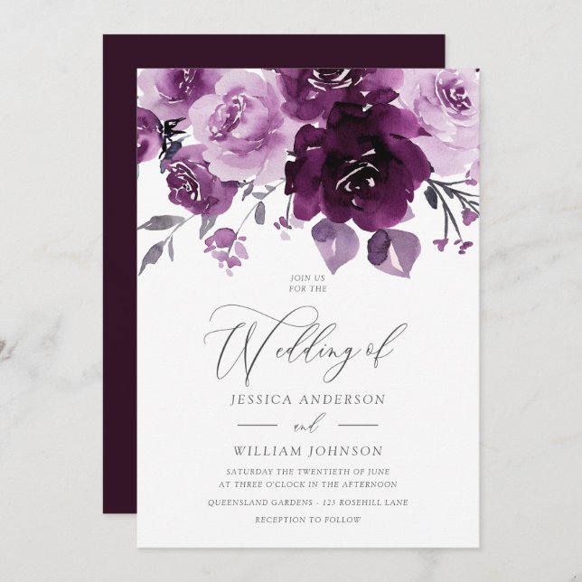 Invitation Aquarelle de vin de Bourgogne Mariage floral (Devant / Derrière)