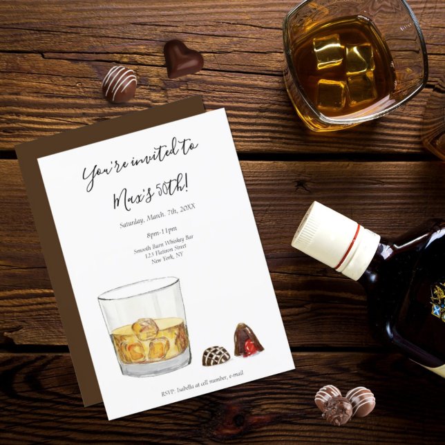 Invitation Aquarelle de Whiskey Chocolate Truffes Anniversair (Toast to Milestone Moments: Whiskey, Chocolate, and Celebrations Await!)