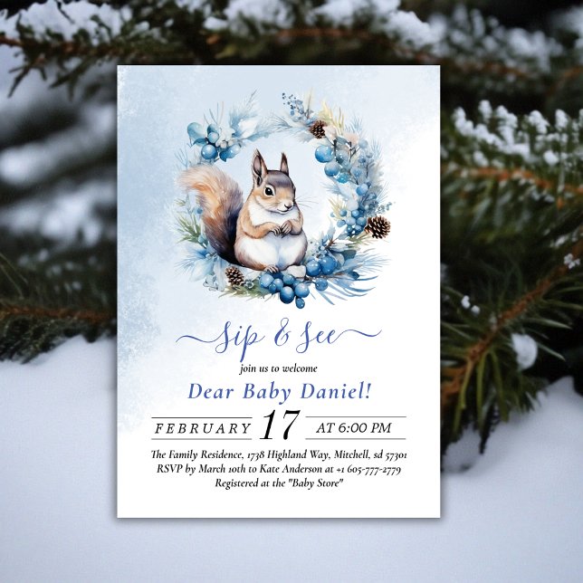 Invitation Aquarelle d'écureuil d'hiver Sip et voir l'invitat (Winter Squirrel Watercolor Sip and See Invitation)
