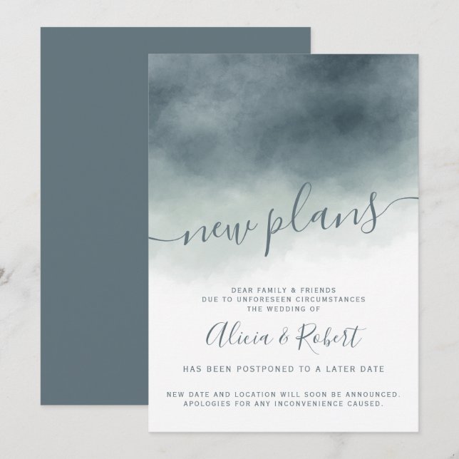 Invitation Aquarelle dégradé bleu poussiéreux report de nouve (Devant / Derrière)