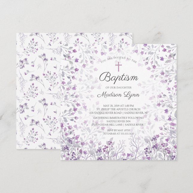 Invitation Aquarelle Delicate Fleurs violettes Baptême (Devant / Derrière)