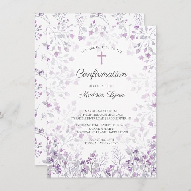Invitation Aquarelle Delicate Fleurs violettes Confirmation (Devant / Derrière)