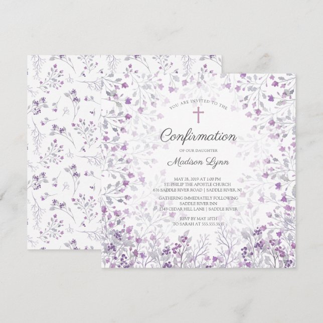Invitation Aquarelle Delicate Fleurs violettes Confirmation (Devant / Derrière)
