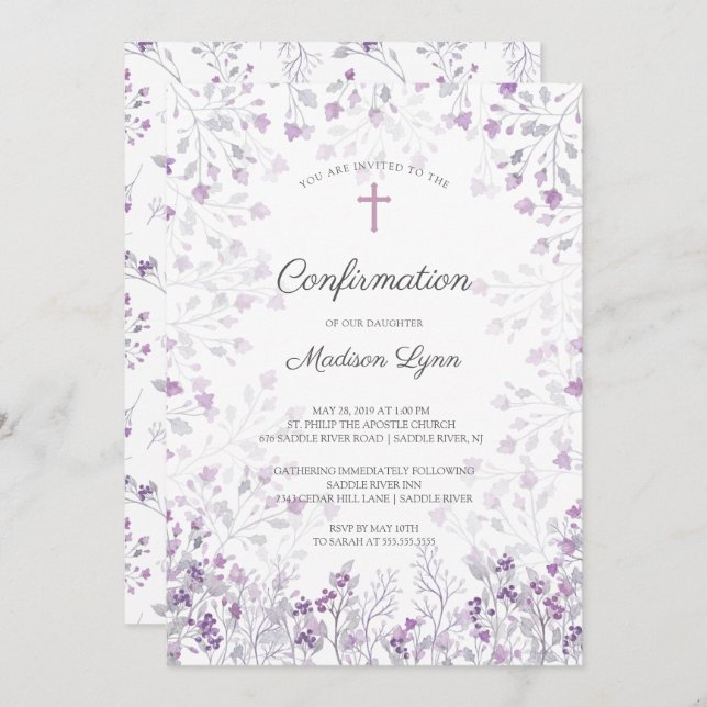 Invitation Aquarelle Delicate Fleurs violettes Confirmation (Devant / Derrière)