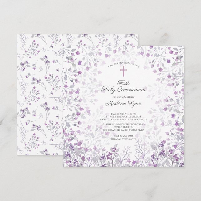 Invitation Aquarelle Delicate Fleurs violettes Première commu (Devant / Derrière)