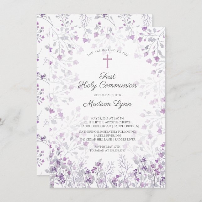 Invitation Aquarelle Delicate Fleurs violettes Première commu (Devant / Derrière)