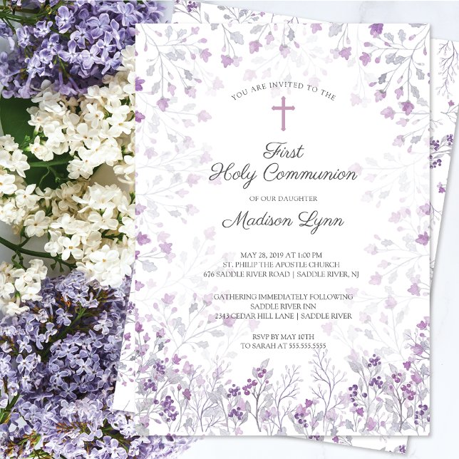 Invitation Aquarelle Delicate Fleurs violettes Première commu (Créateur téléchargé)