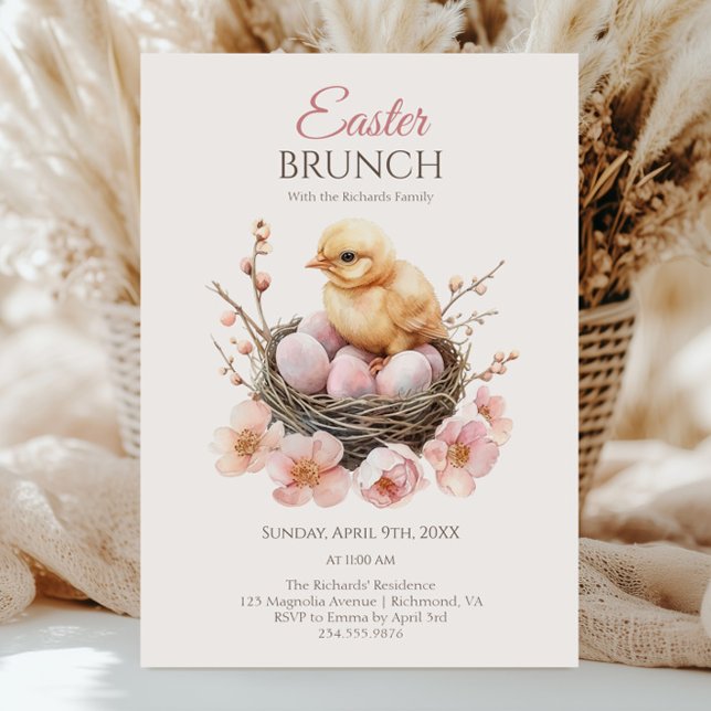 Invitation Aquarelle délicate Oeuf de Nid de Pâques et Brunch (Créateur téléchargé)